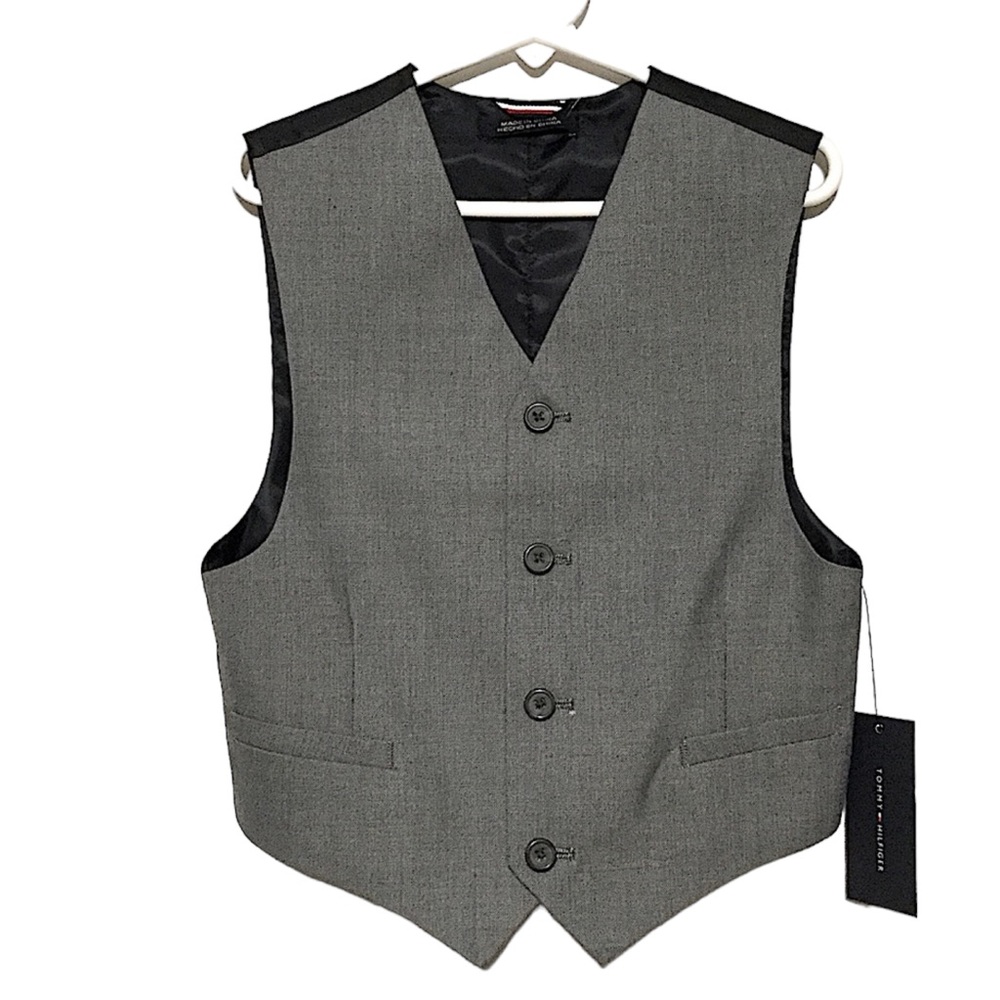 TOMMY HILFIGER Kids sz 7 Vest Formal Suit Button Front Gray Navy NWT